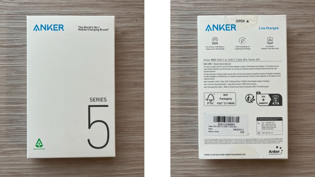 Anker 543 エコフレンドリーナイロン USB-C & USB-C ケーブルの外箱
