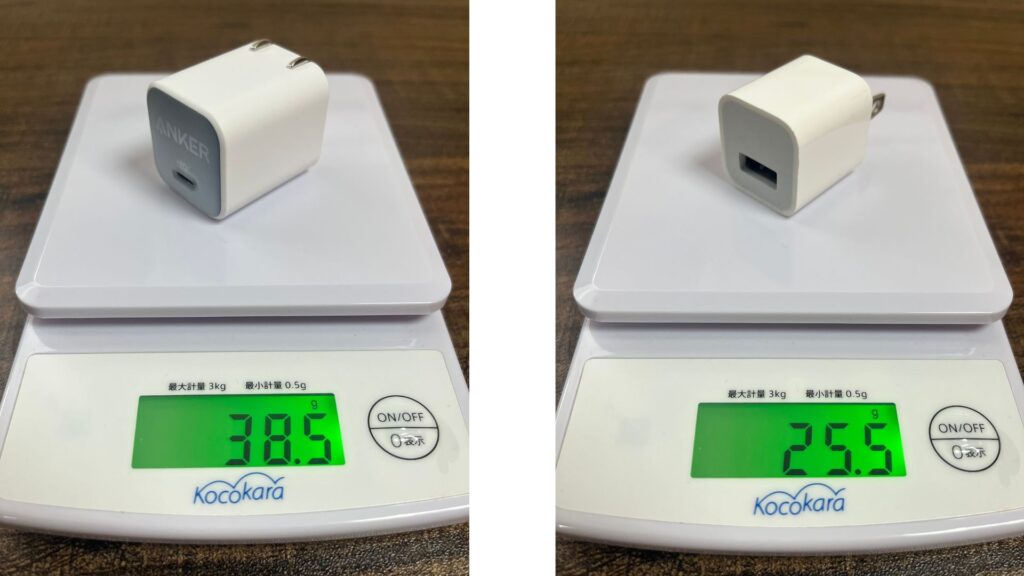Anker 511 Charger(Nano 3, 30W)とApple 5W USB-C電源アダプタの重さ比較画像