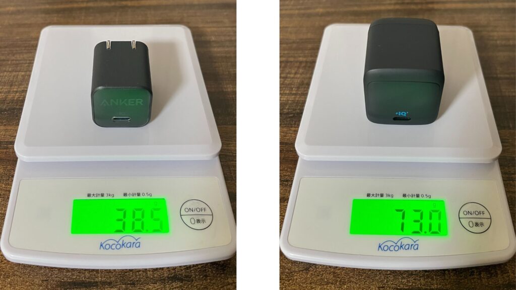 Anker 313 Charger (Ace, 45W)とAnker 511 Charger(Nano 3, 30W)の重量比較