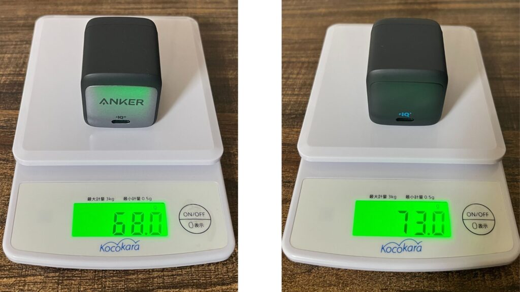Anker 313 Charger (Ace, 45W)とAnker Nano II 45Wの重量比較