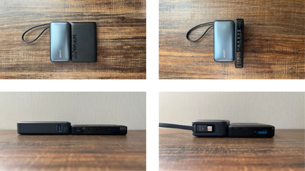 Anker Nano Power Bank (30W, Built-In USB-C Cable)とAnker 334 MagGo Battery (PowerCore 10000)の大きさ比較