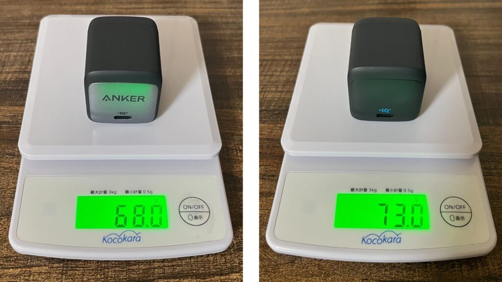 『Anker 313 Charger (Ace, 45W)』と『Anker Nano II 45W』の重さ比較